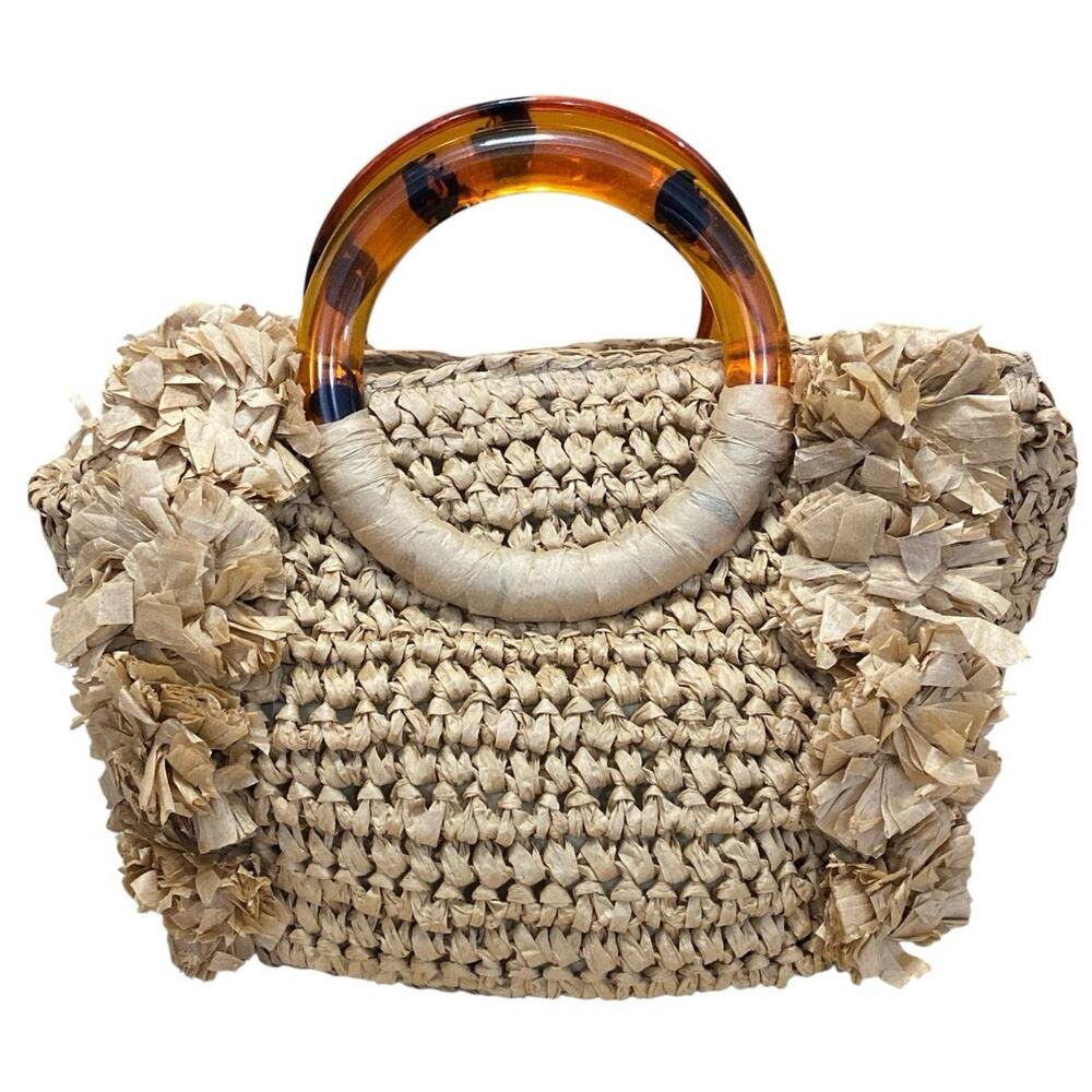 NEW Womens Woven Straw Round Resin Handle Fringe Shoulder Crossbody Handbag OS
